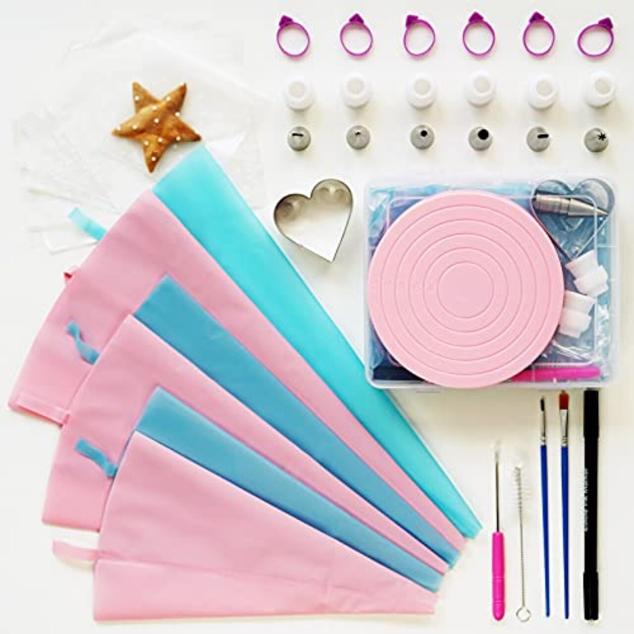 82 Pieces Cookie Decorating Supplies Kit With Storage Box, Sugar Cookies Turntable Set With 6 Piping Tips and Bags, Scribe Needle, Brush, Ideal Beginner Decorator Lover Kids Gift Valentine Halloween